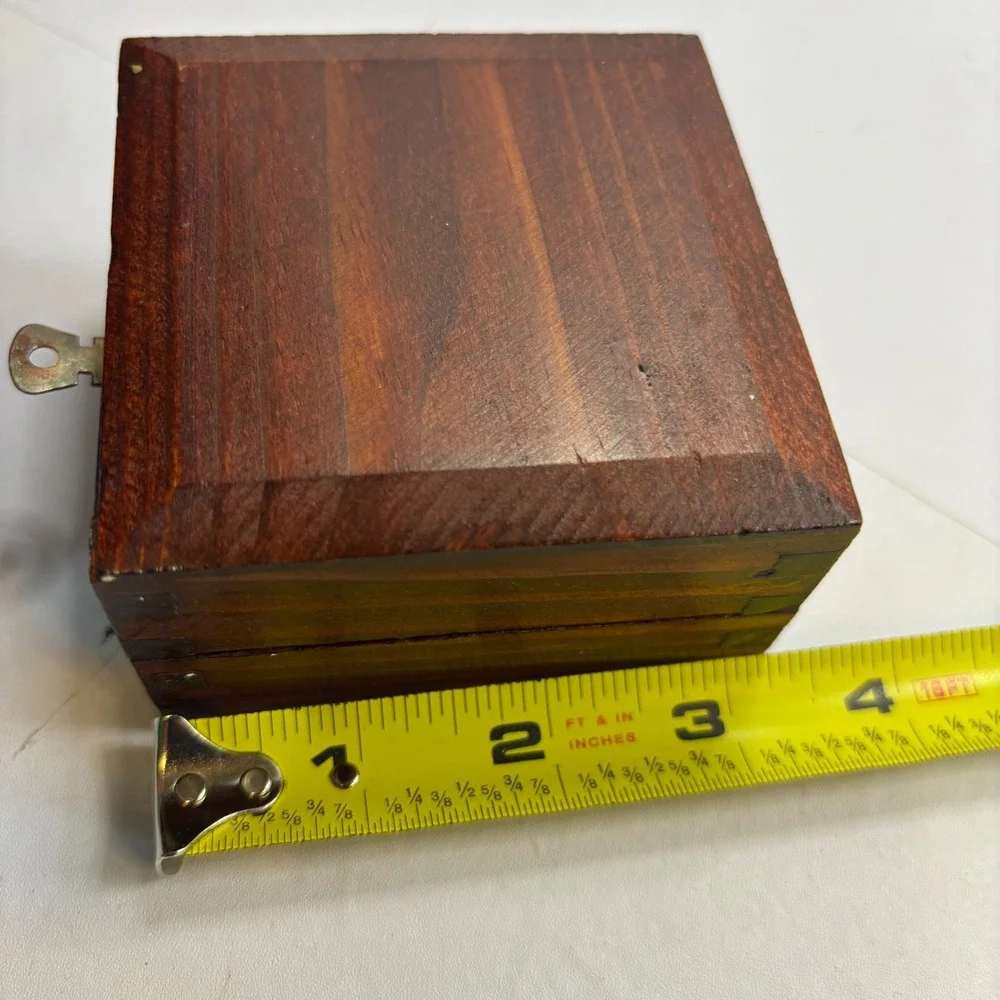 Small Vintage Wooden Trinket Box Dark Brown Beveled Lid Jewelry Keepsake Chest